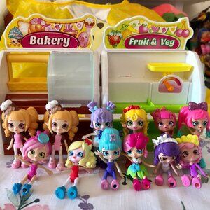RARE Lot 12 Shopkins Shoppies Minis Dolls 2 Glitter Bows+Bakery Fruit Veg Stands